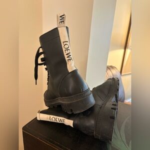 Loewe Black Leather Lug-Sole Combat Boots with White Logo Pull Tabs